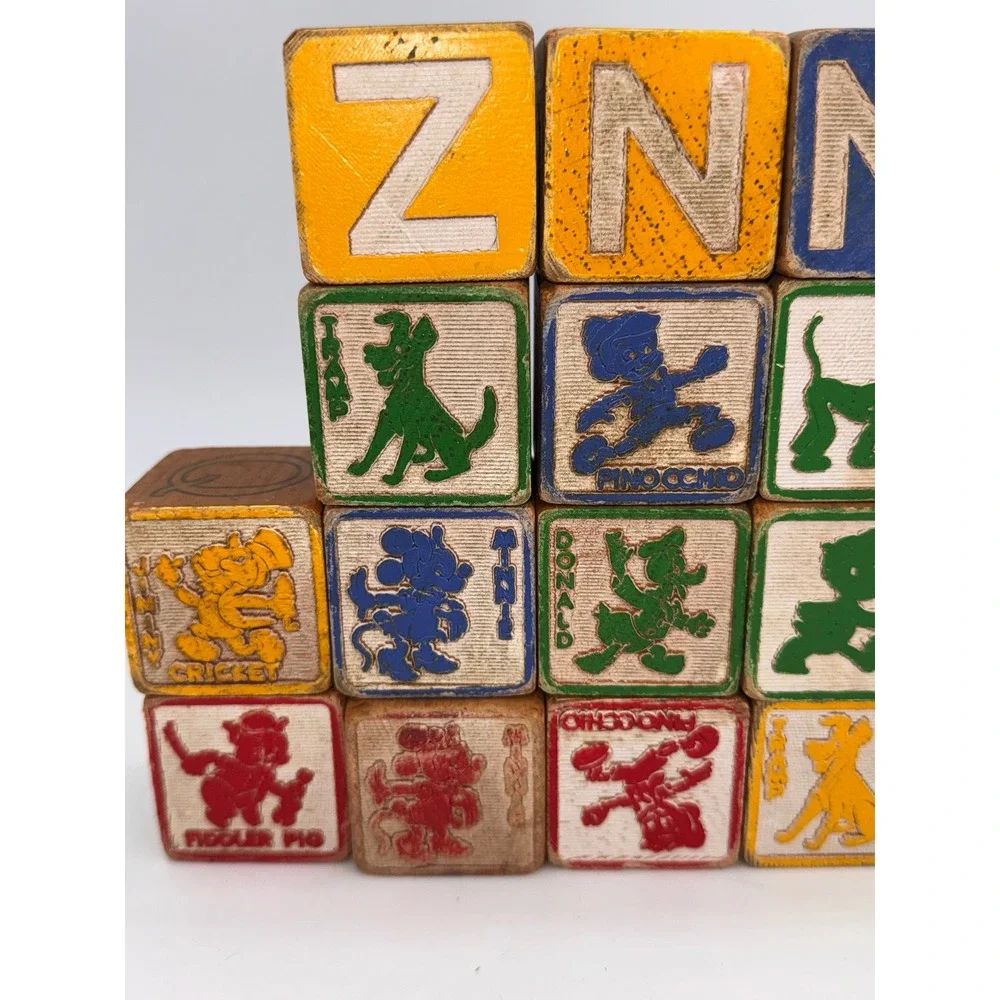 21 Vintage Wooden Alphabet Pictorial Blocks Disney Characters 1.8 Inch Nursery